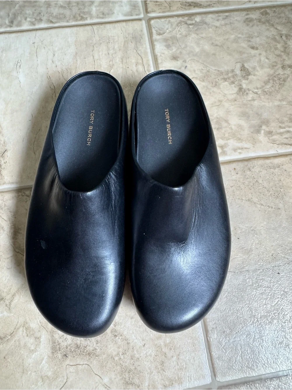 Tory Burch Black Leather Platform Clogs with Gold Studs